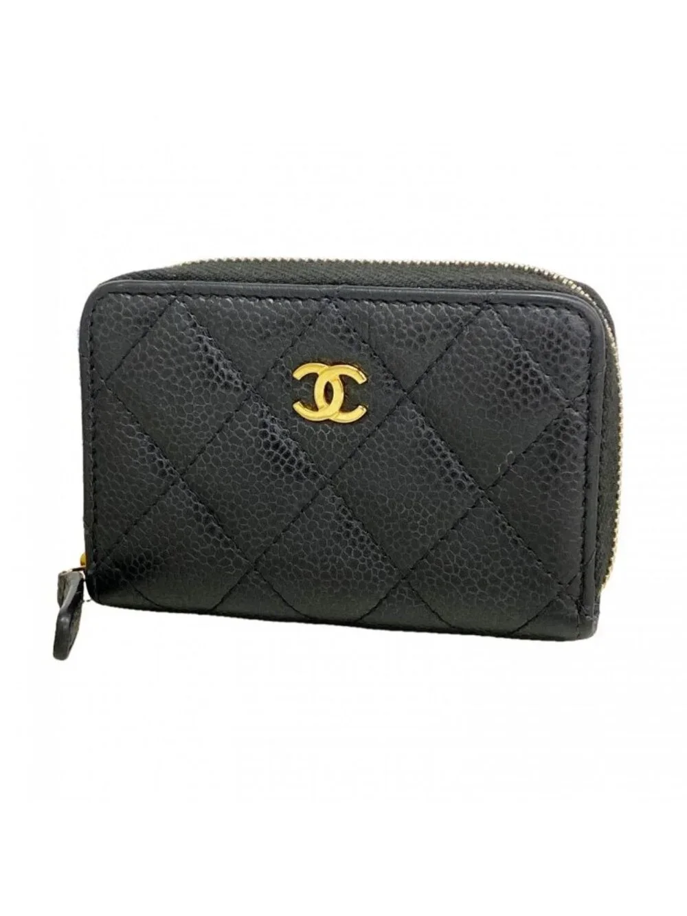 Chanel Coin Case Quilted Caviar Leather Black Gold